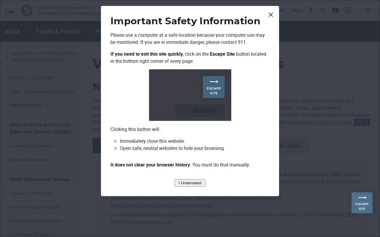 San Joaquin County VINE release notification CDCR victim services screenshot